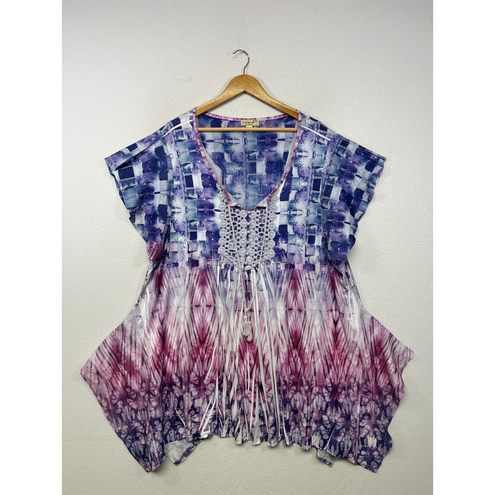 Boho One World Women 2X Purple Blue Tie Dye Crochet Sharkbite Tunic Top Festival